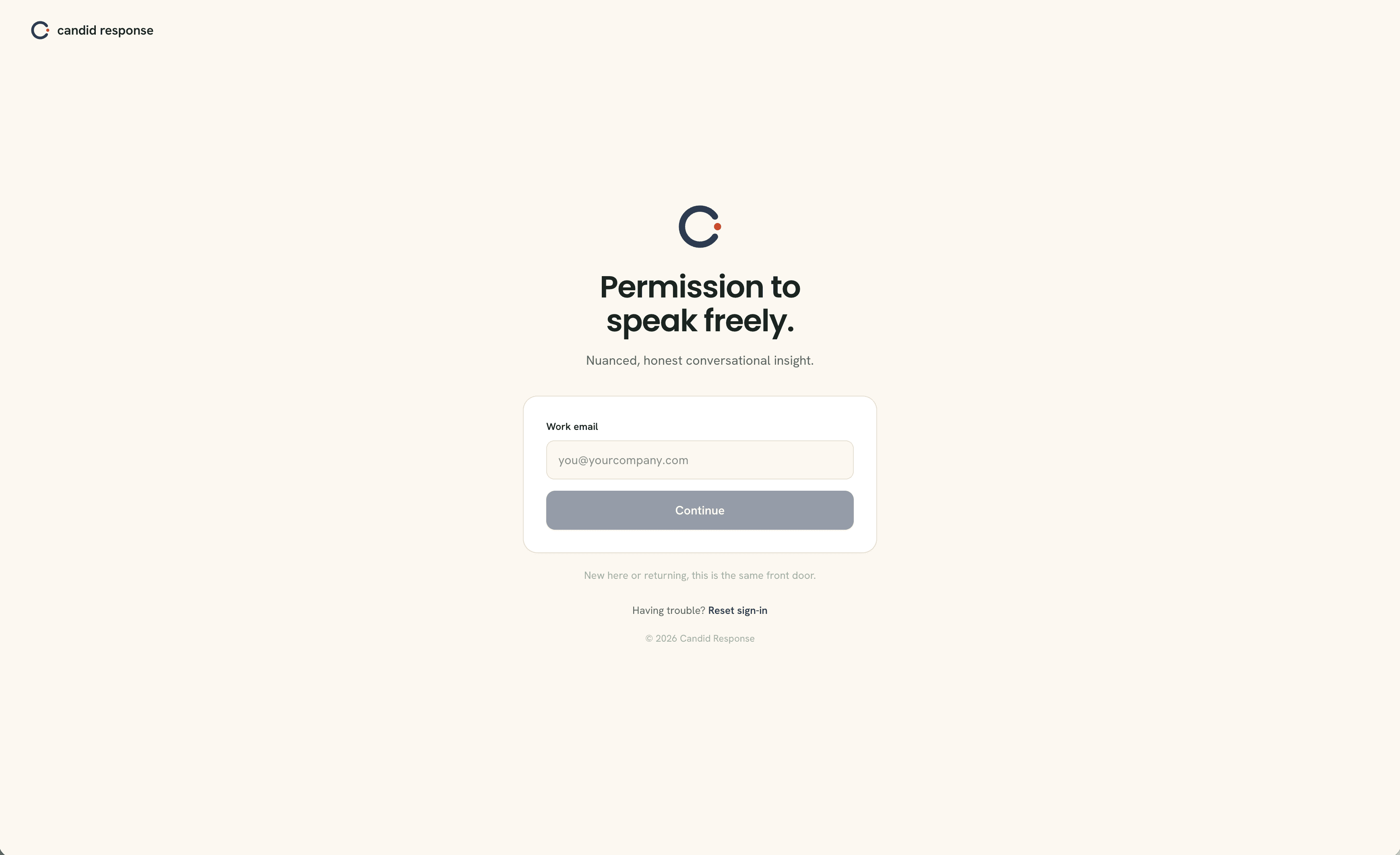 The sign-in screen, with a work-email field and a Continue button under the Permission to speak freely wordmark.