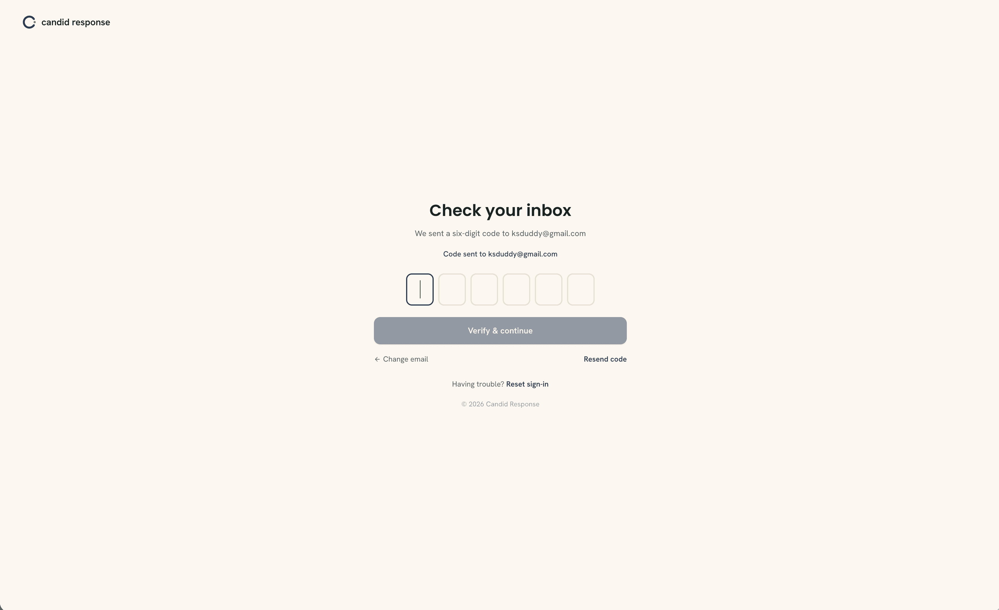 The verification screen, showing six code boxes and a Verify and continue button.