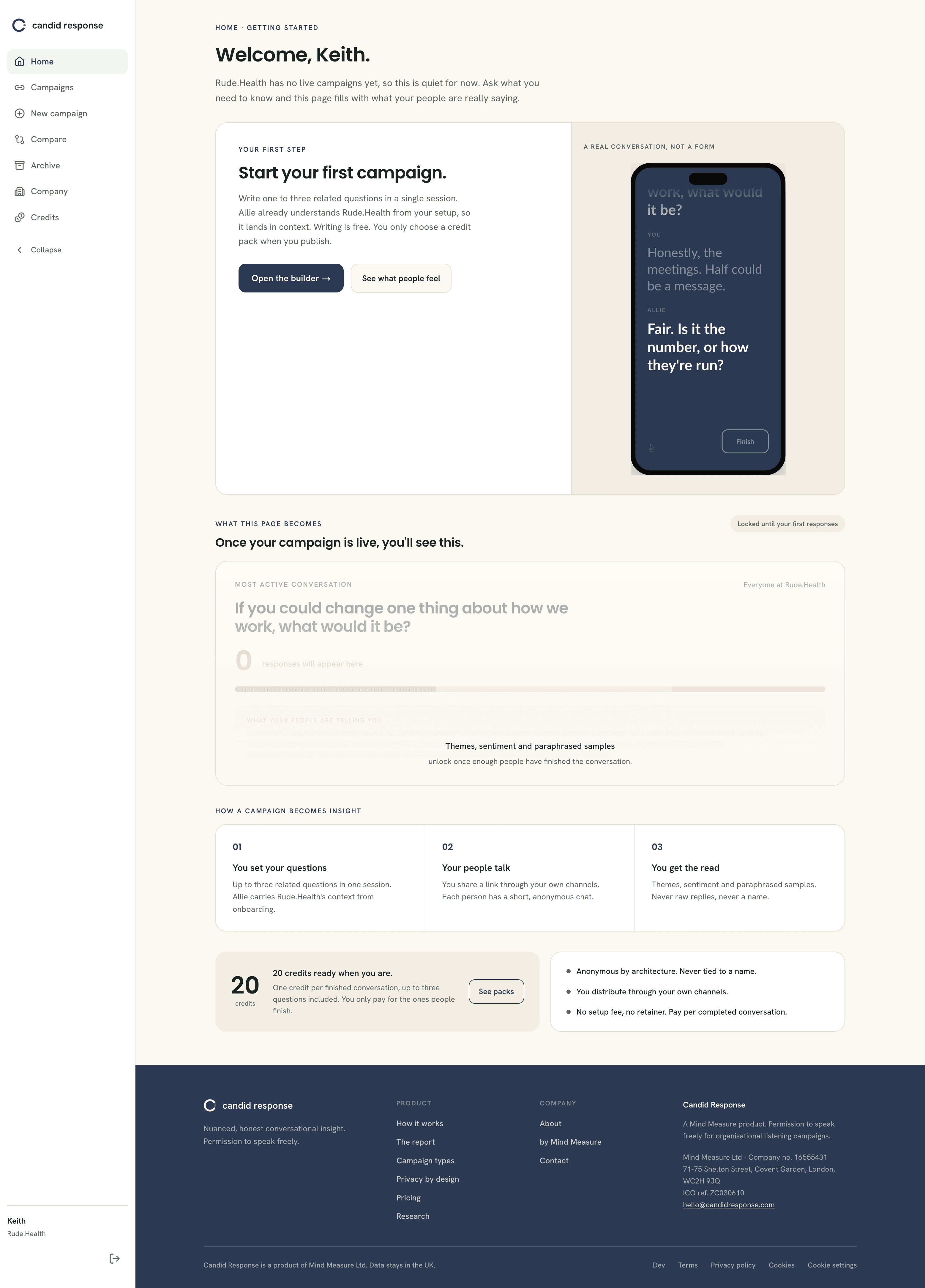 The empty dashboard, with a Welcome heading, a Start your first campaign card, and a preview of what the page becomes.