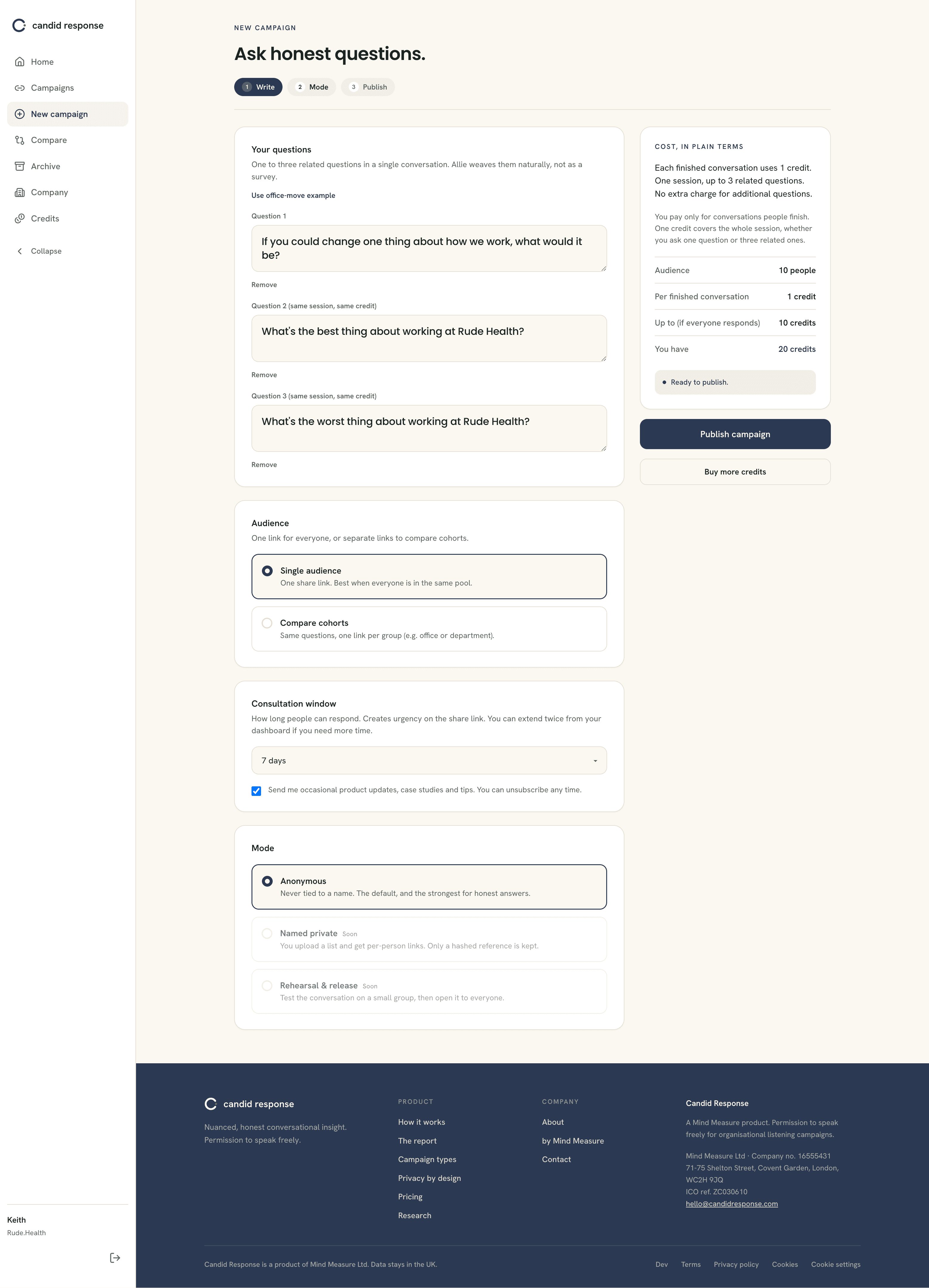 The campaign builder, with three question fields, audience and mode choices, and a cost-in-plain-terms panel.