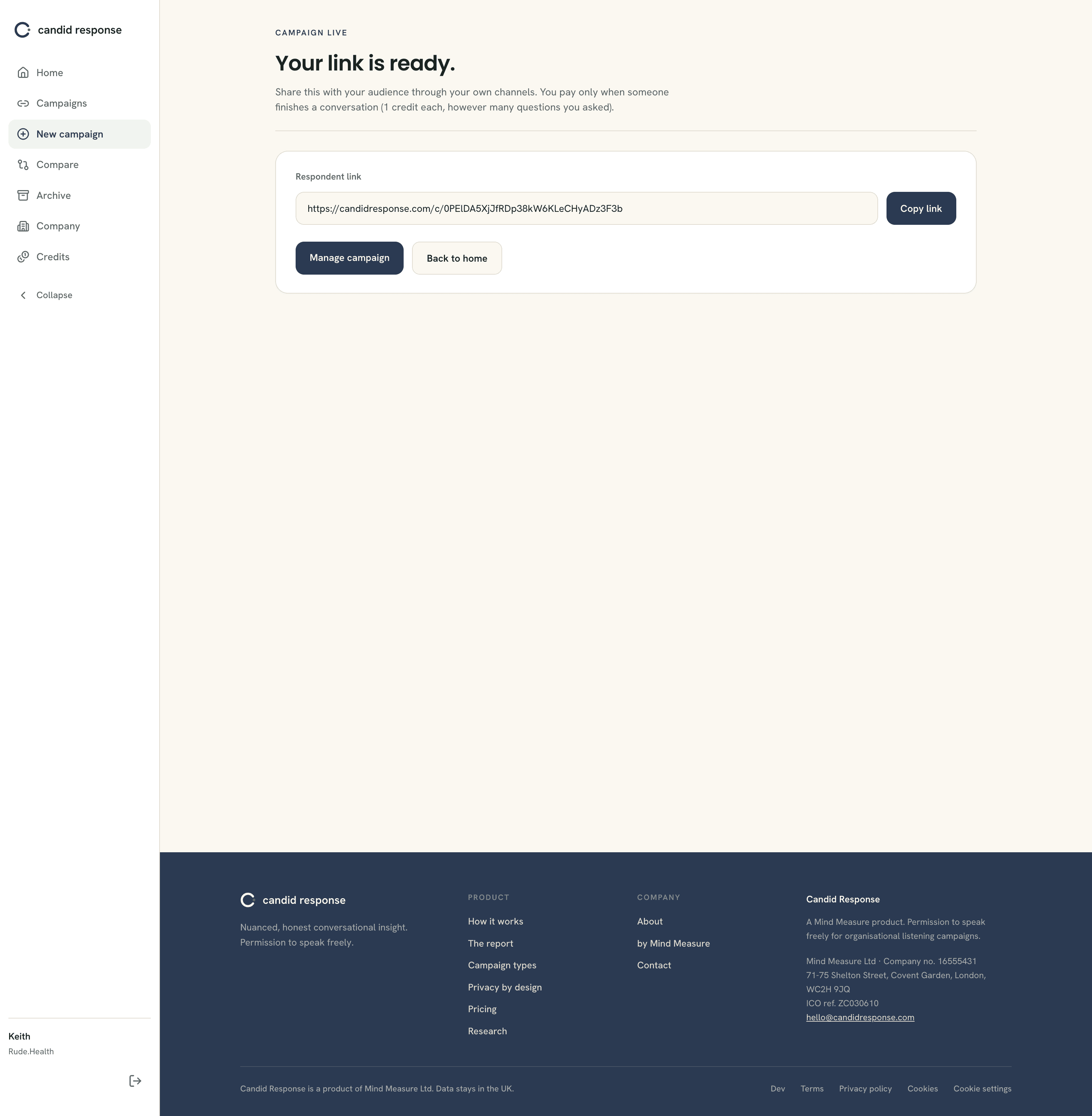 The campaign-live screen, headed Your link is ready, with a respondent link field and a Copy link button.