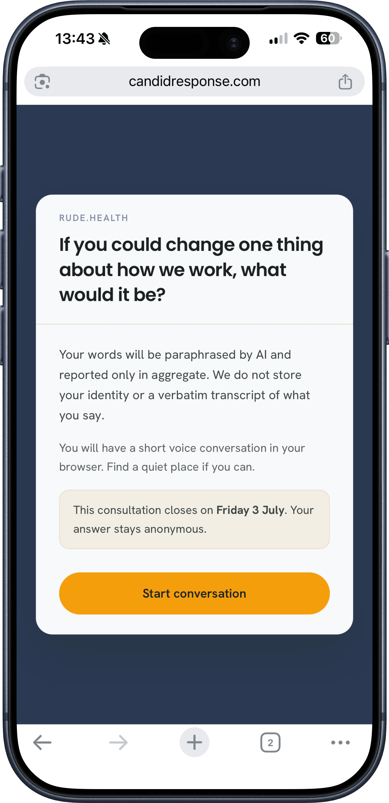 A phone showing the opening screen: the question, a note that the answer is paraphrased and anonymous, and a Start conversation button.