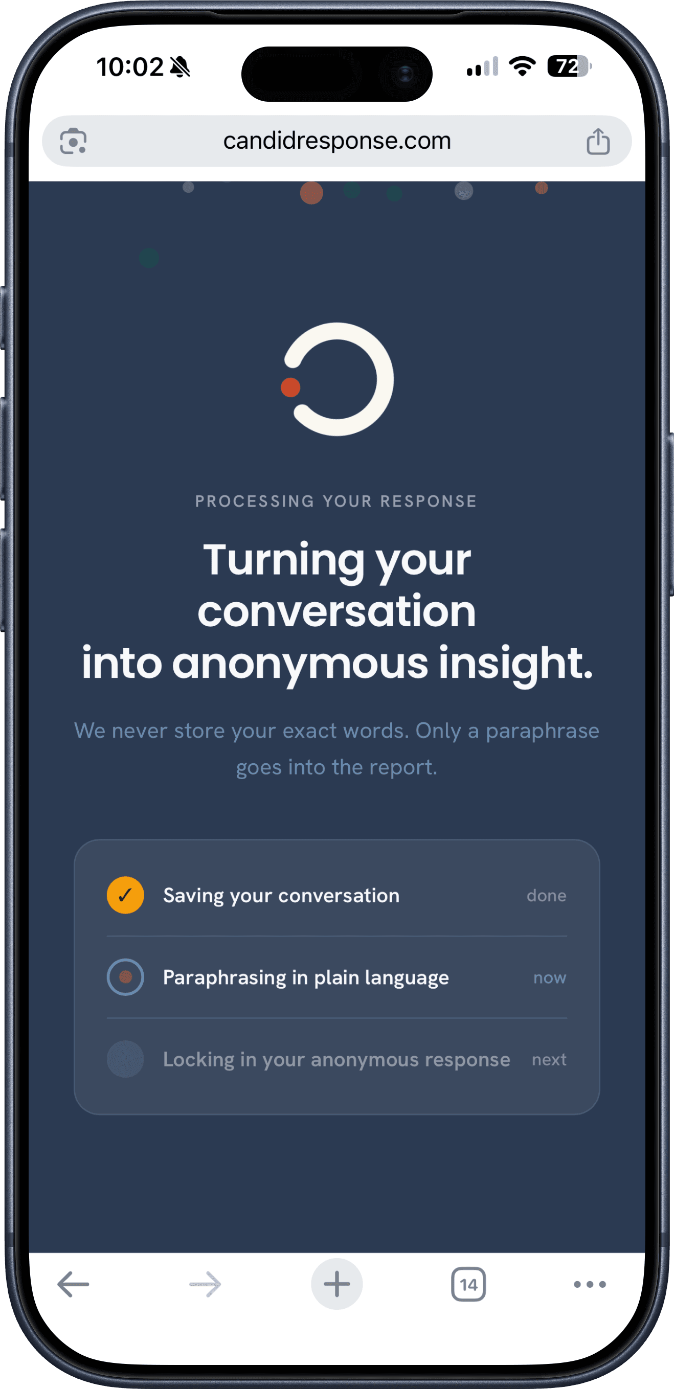 A phone showing the processing screen: saving the conversation and paraphrasing it in plain language.