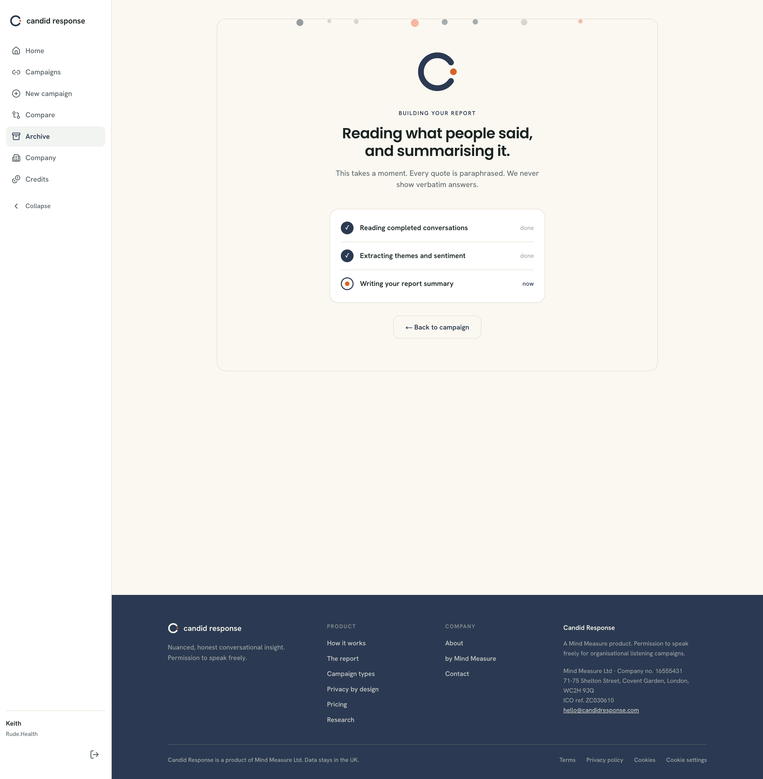 The building-your-report screen, with a checklist reading completed conversations, extracting themes and sentiment, and writing the summary.