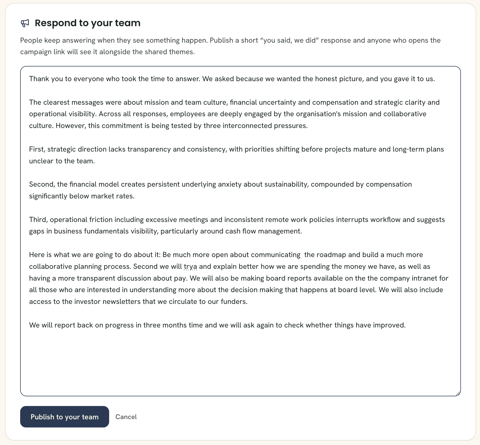 The Respond to your team editor on a closed campaign report, with a drafted response and a Publish to your team button.