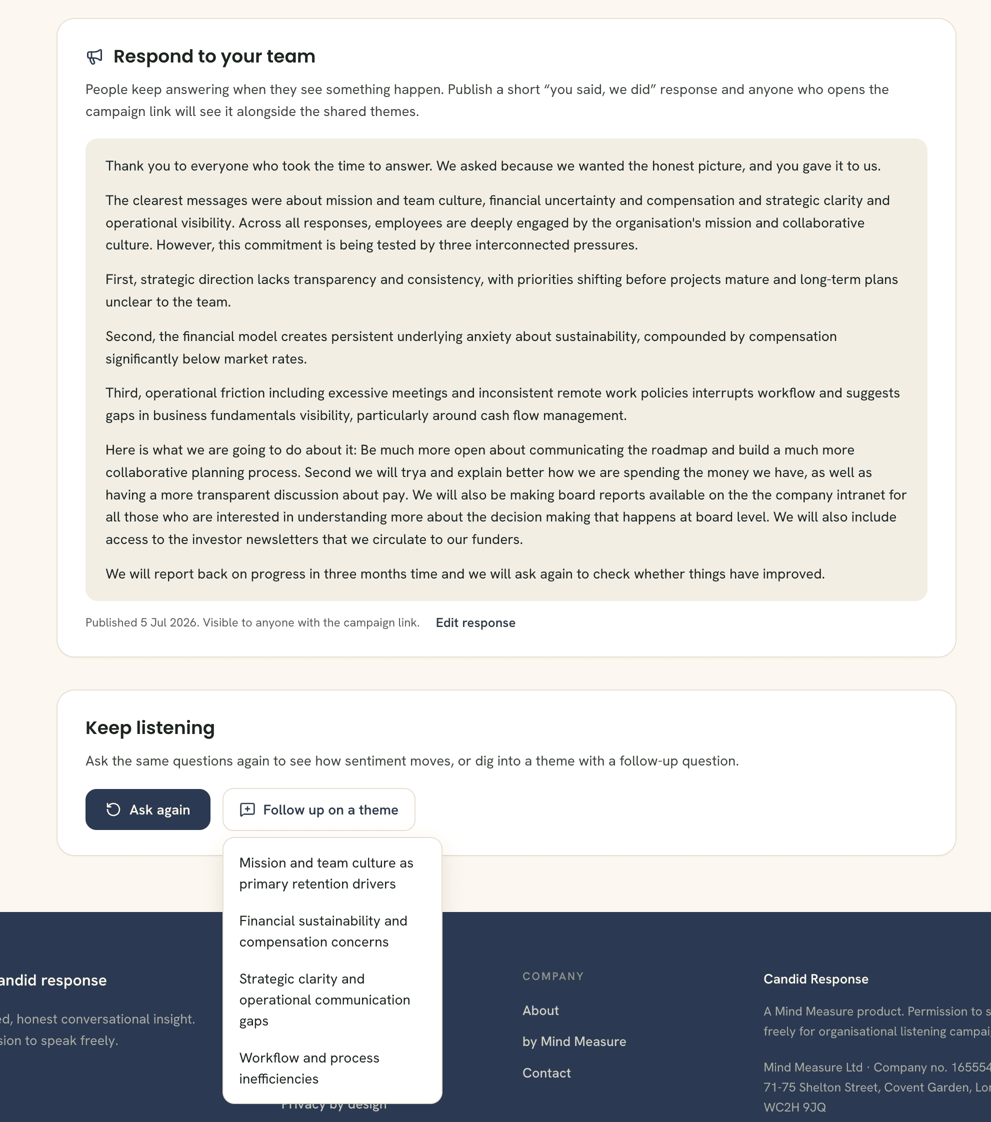 A published leadership response with the Keep listening panel below it, showing Ask again and Follow up on a theme with a list of themes.